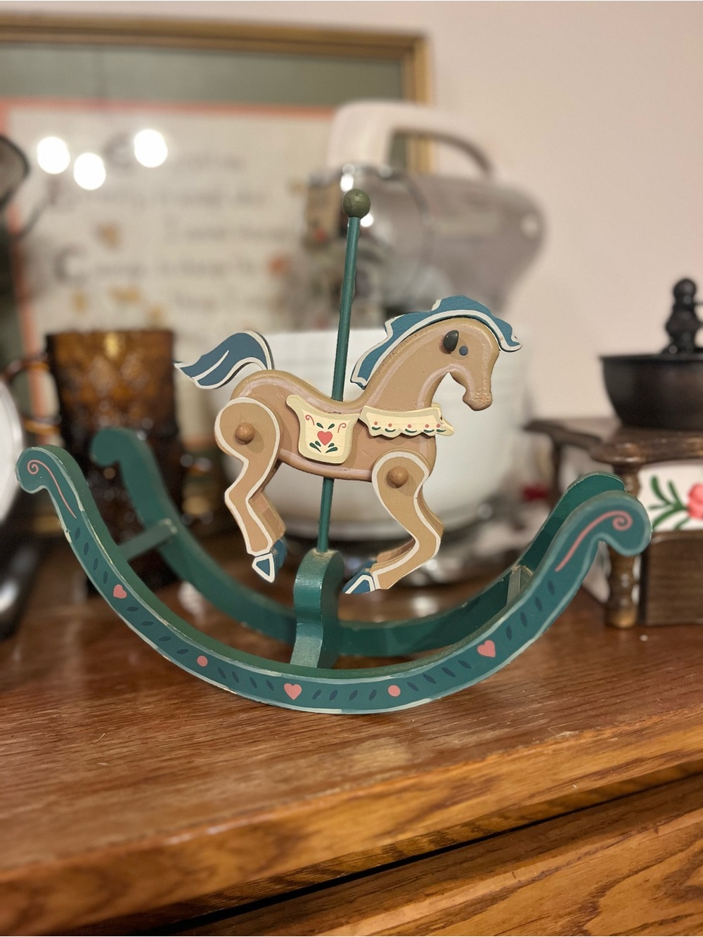Vintage Teal and Beige Wooden Rocking Horse Accent